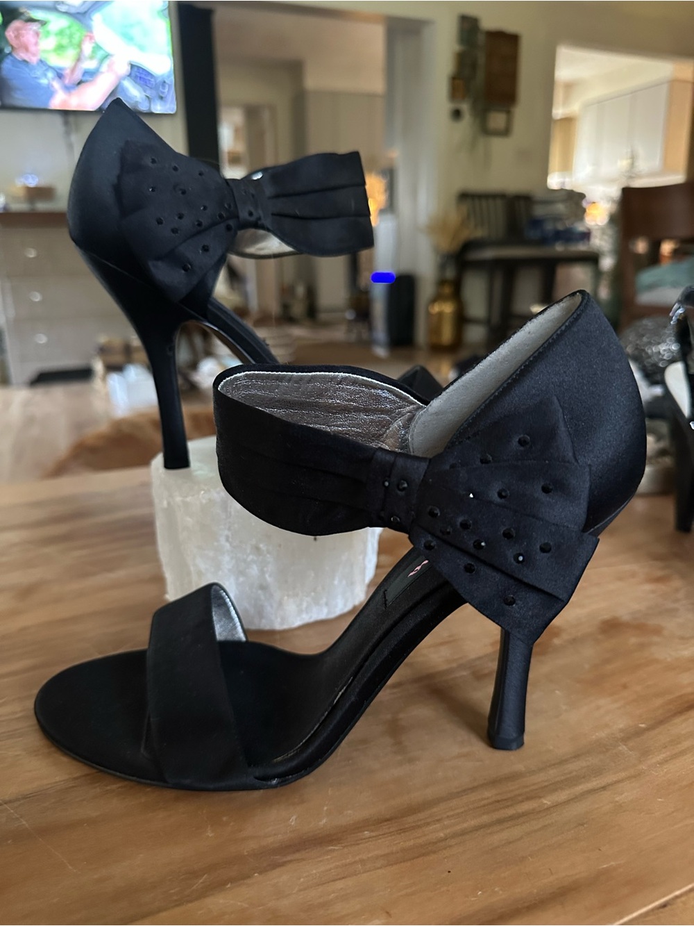Nina Black Satin Bow Ankle-Strap Heels Size 9.5